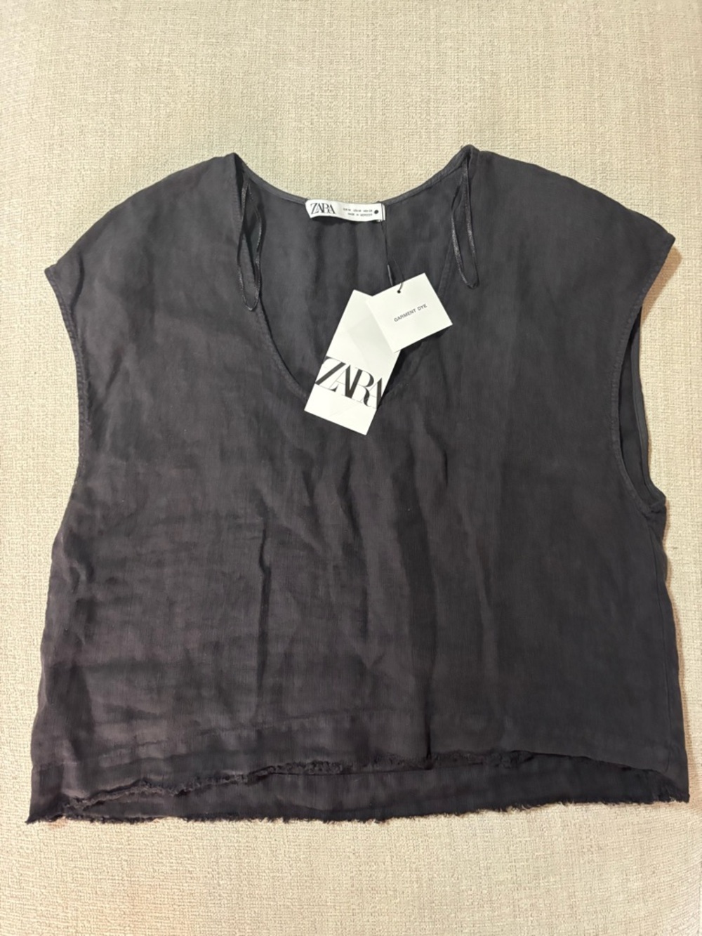 Zara Charcoal Black Linen V-Neck Cap Sleeve Tank